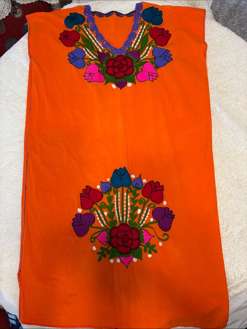 Authentic Embroidered Orange Mexican Caftan Dress L
